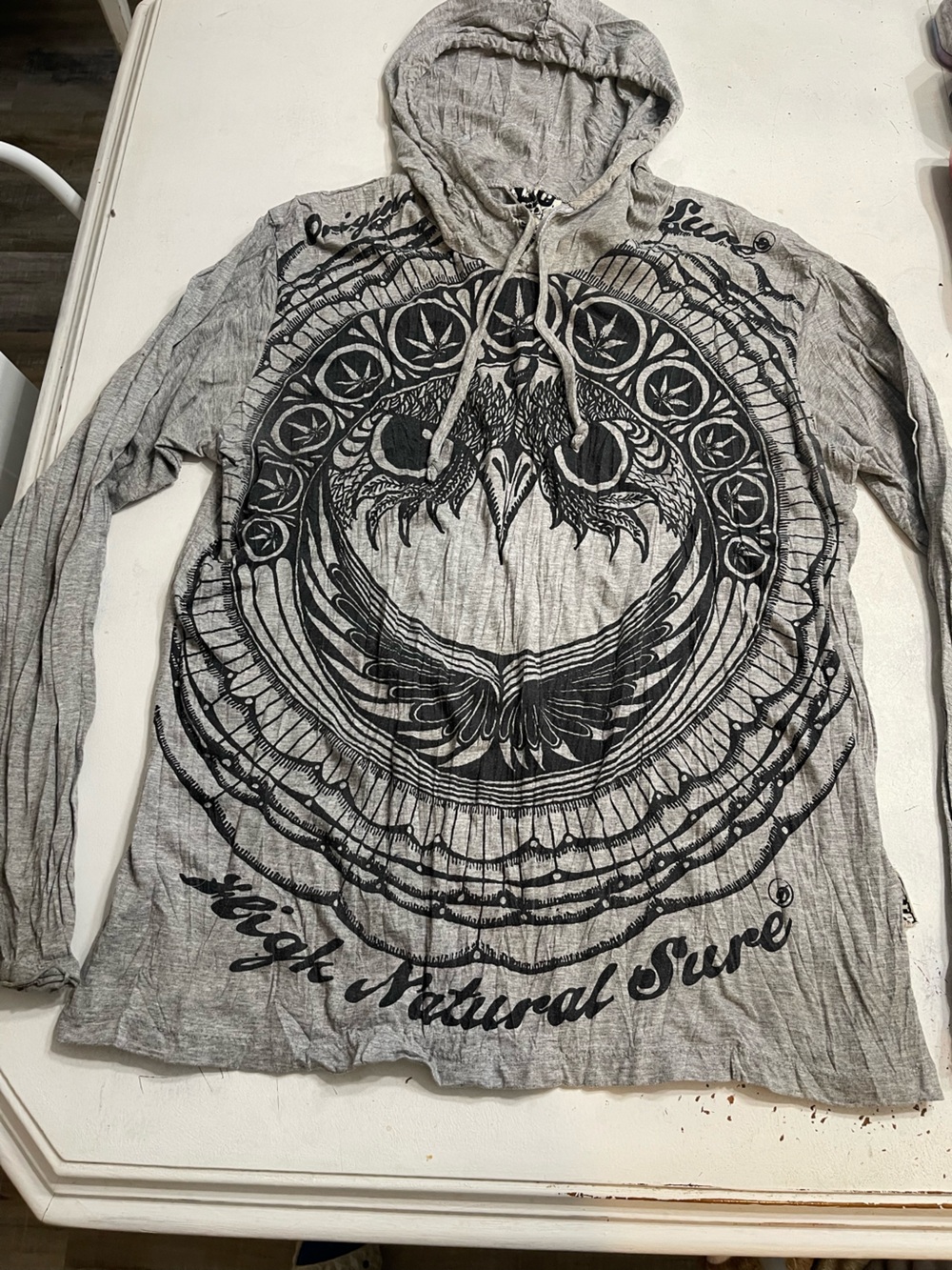 Women’s lightweight pullover Gray Graphic Hoodie with Bold Black Mandala Owl